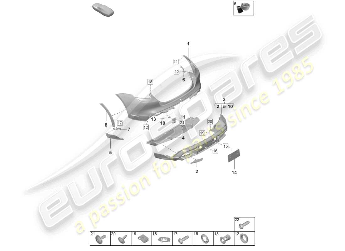 porsche 2022 (taycan 9j1-1) pare-chocs arrière pour variante d'équipement : offroad cross turismo de base diagramme des pièces