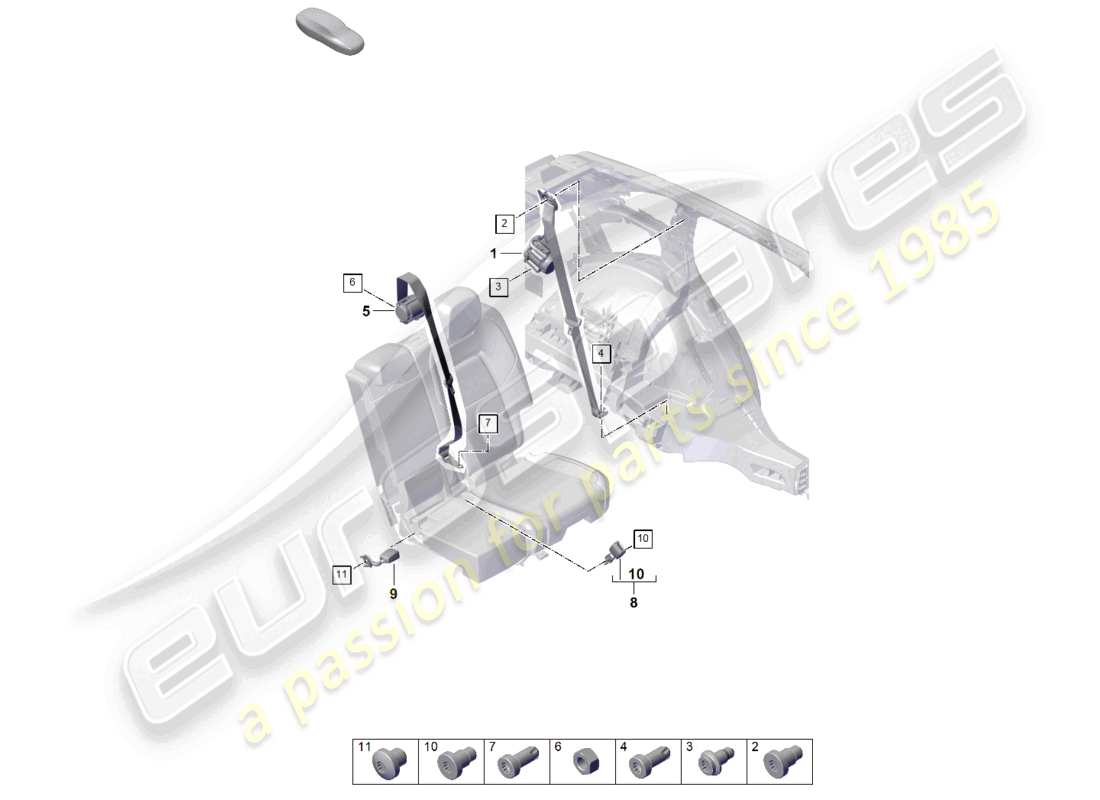 porsche 2026 (cayenne e3 pa) schéma des pièces du loquet de ceinture arrière de la ceinture de sécurité à trois points