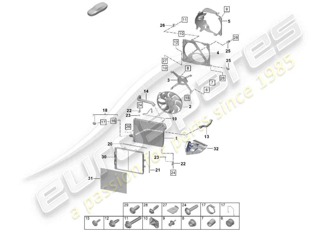 porsche 2024 (992-2) refroidisseur pour liquide de refroidissement avant ventilateur de radiateur schéma des pièces