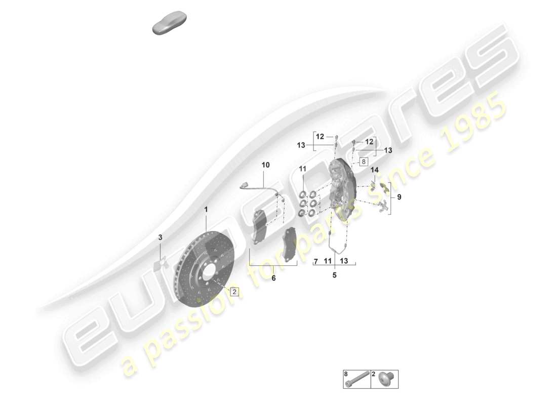 porsche 2022 (992-1 gt3/rs/st) schéma des pièces de l'essieu avant du frein à disque pccb