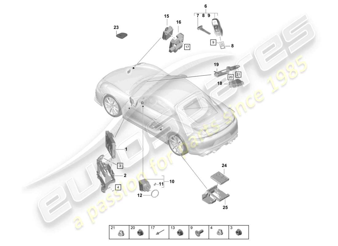 porsche 2020 (718 cayman gt4) unités de contrôle partie avant partie arrière émetteur portatif interrupteur d'allumage/démarrage antenne schéma des pièces