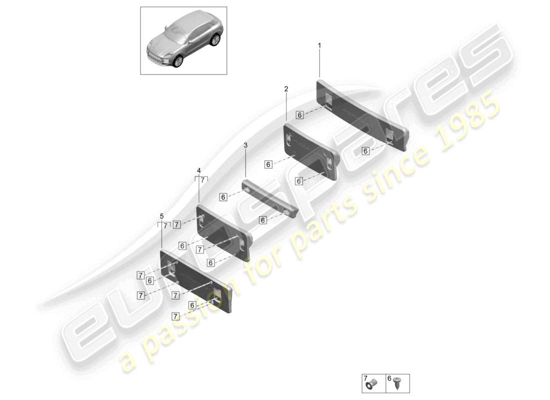 porsche 2024 (macan) schéma des pièces de base du support de plaque d'immatriculation