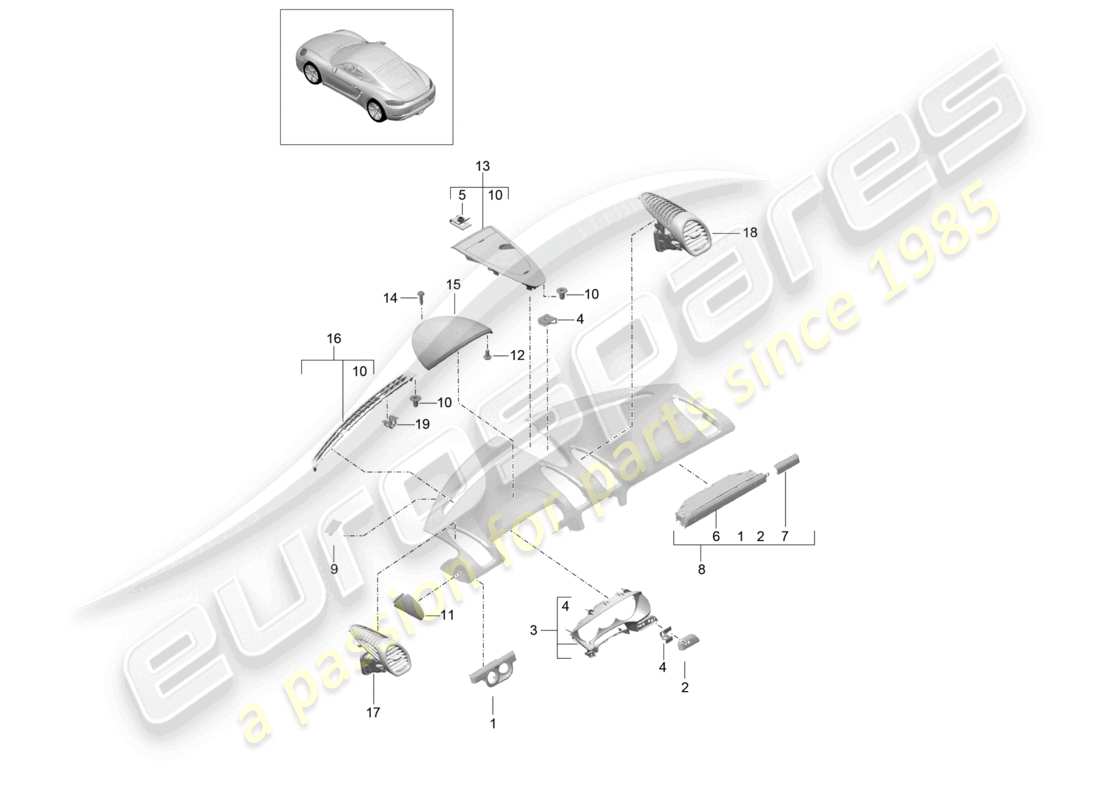 porsche 2025 (718 cayman) accessoires garniture du tableau de bord partie supérieure schéma des pièces