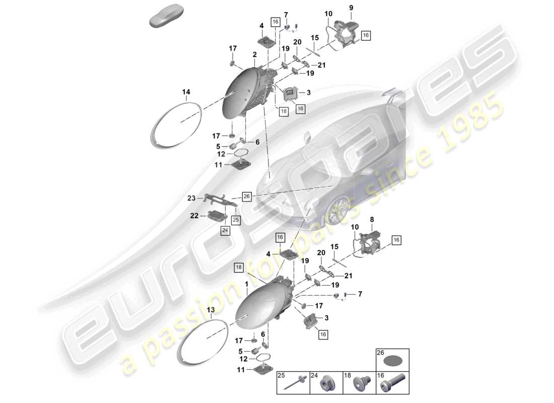 porsche 2026 (992-2 gt3) schéma des pièces du phare à led avec faisceau matriciel