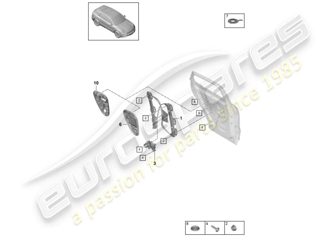 porsche 2024 (cayenne e3 9ya/9yb) schéma des pièces du support d'assemblage arrière du lève-vitre