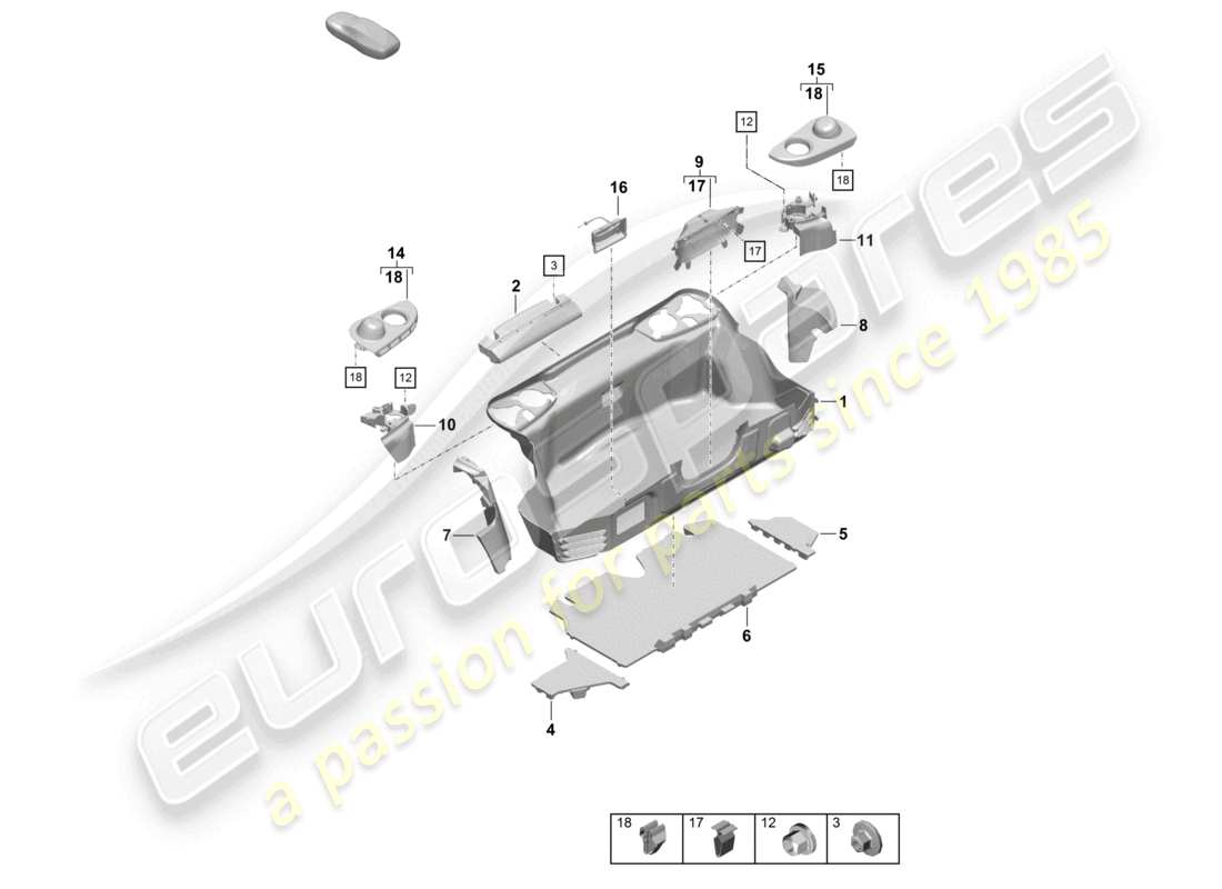 porsche 2026 (718 boxster spyder) schéma des pièces de la doublure du compartiment à bagages arrière