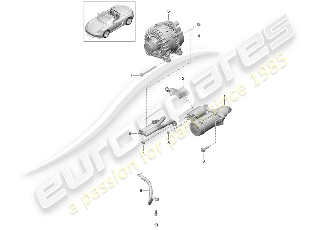 porsche 2024 (718 boxster) schéma des pièces de la ligne de terre de l'alternateur du démarreur