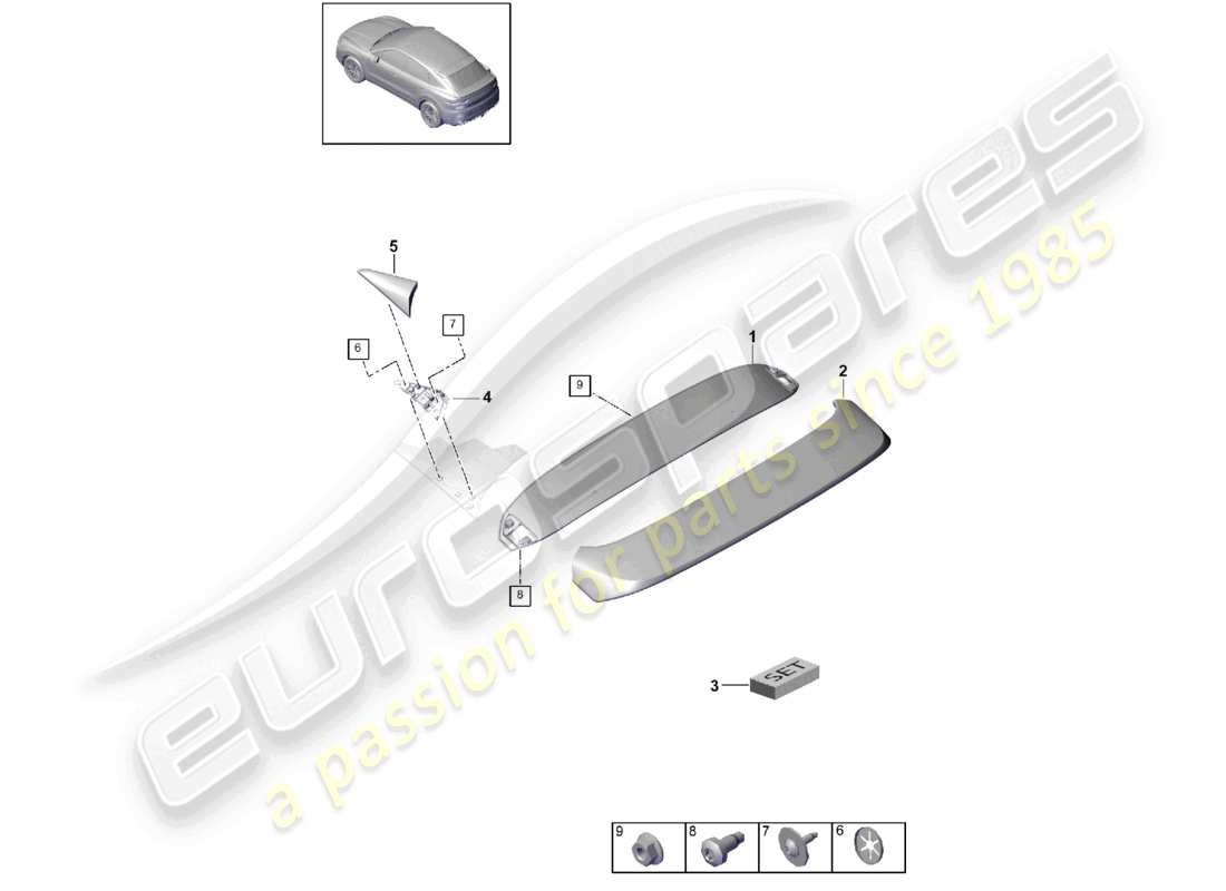 porsche 2024 (cayenne e3 9ya/9yb) schéma des pièces du becquet de toit coupé