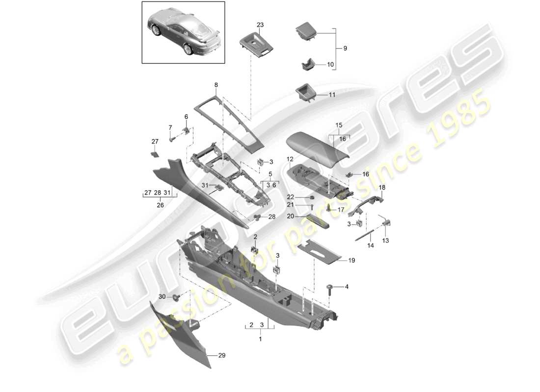 porsche 2021 (991-2 r/gt3/rs) console centrale d >>- mj 2017 schéma des pièces