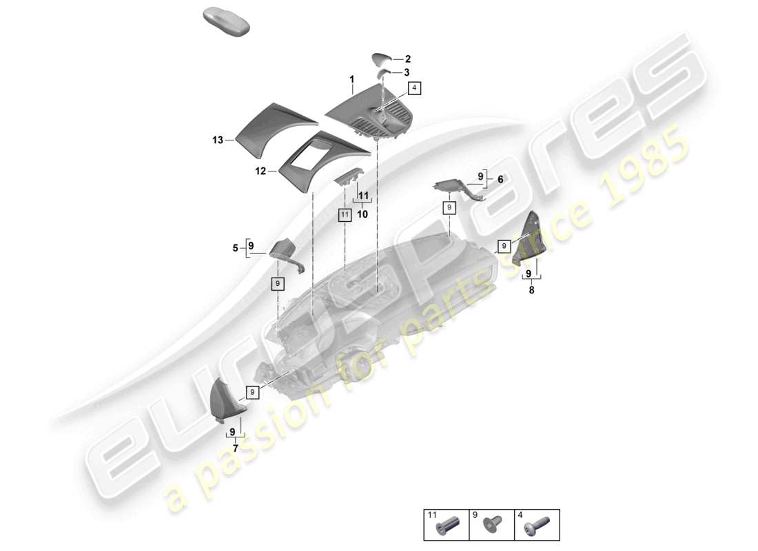 porsche 2025 (panamera 976) schéma des pièces du tableau de bord supérieur des accessoires