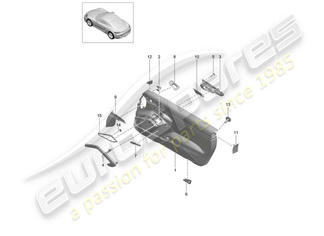 porsche 2021 (718 cayman) panneau de porte accessoires garniture aluminium brossé schéma des pièces