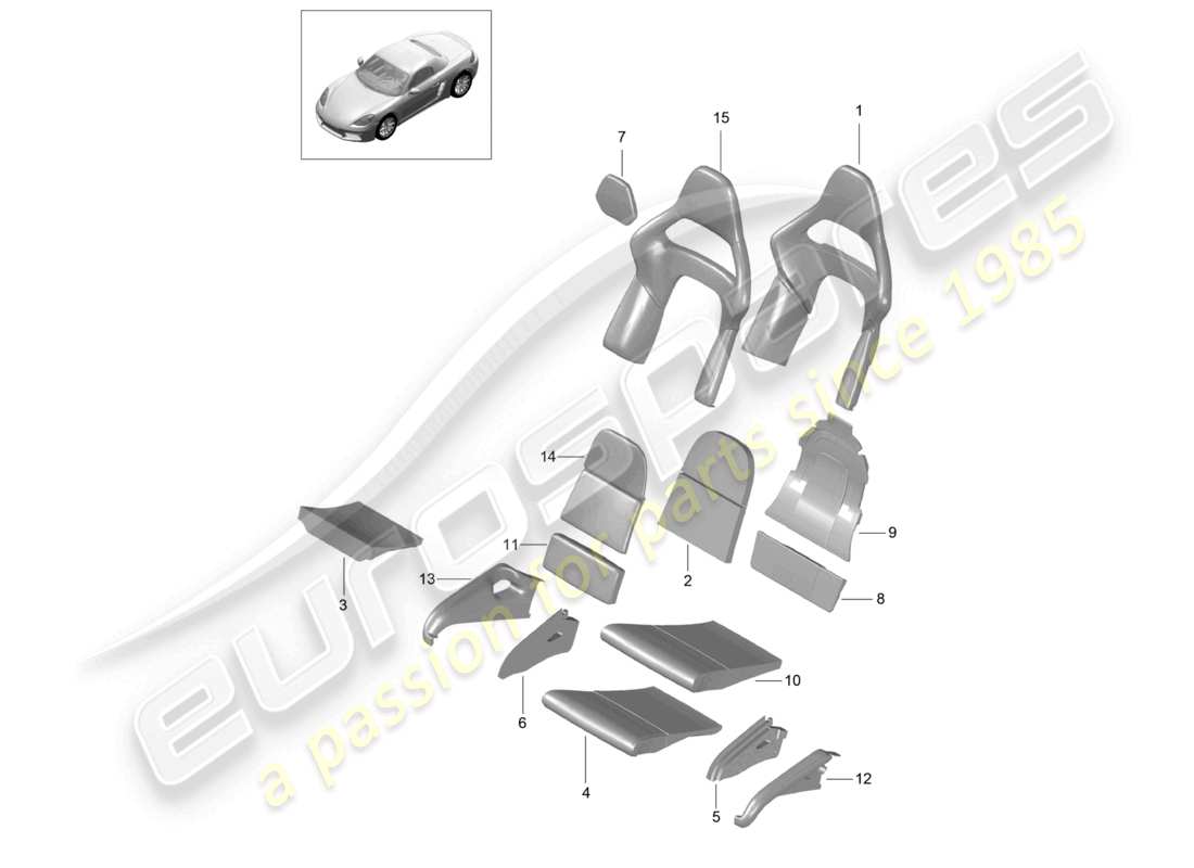 porsche 2022 (718 boxster) pièce en mousse housse de siège pliante surface de l'assise et du dossier siège baquet diagramme des pièces