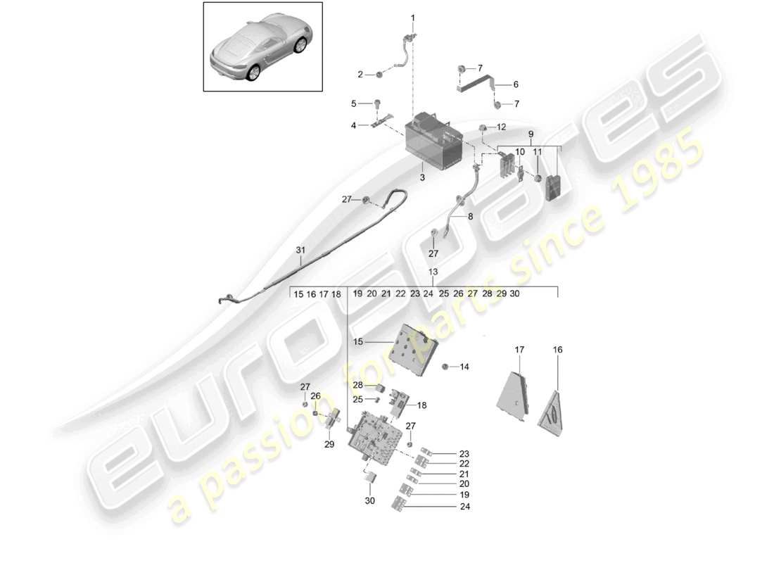 porsche 2021 (718 cayman) schéma des pièces du distributeur de potentiel de batterie