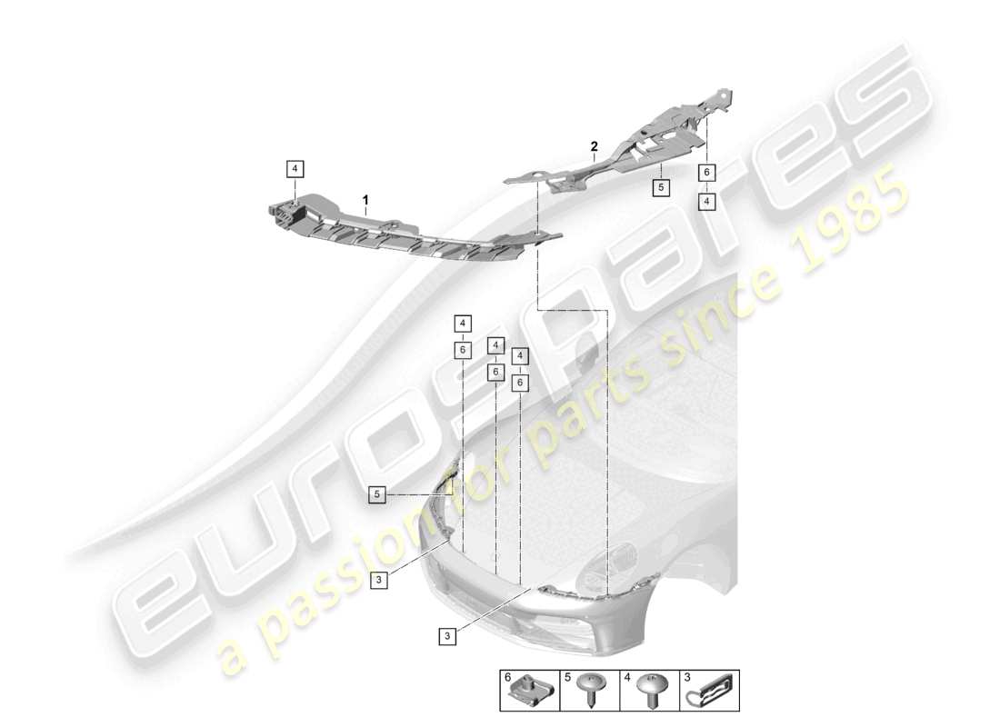 porsche 2024 (992-2) schéma des pièces de fixation du couvercle du pare-chocs avant