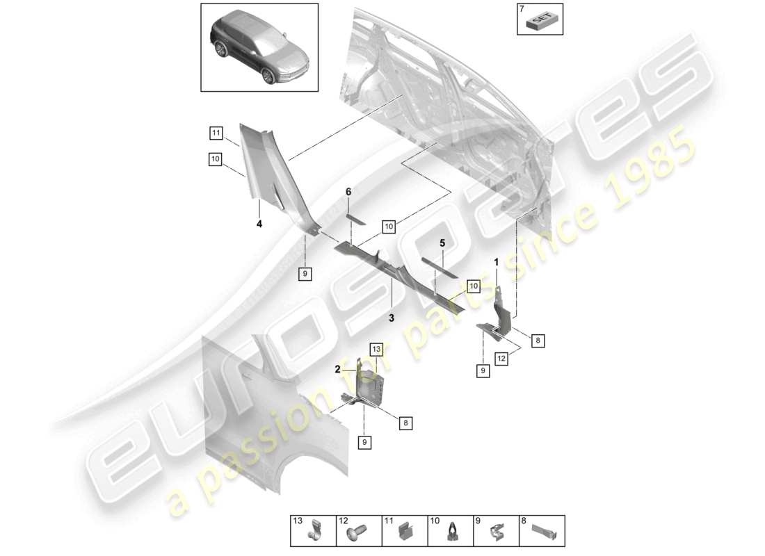 porsche 2024 (cayenne e3 9ya/9yb) schéma des pièces de la bande de garniture de seuil inférieure de la garniture intérieure