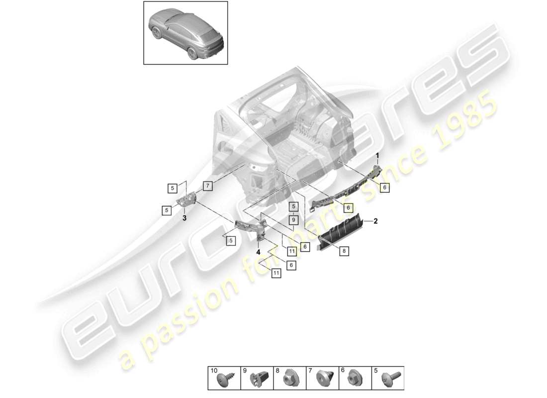 porsche 2024 (cayenne e3 9ya/9yb) schéma des pièces de base du pare-chocs arrière du coupé