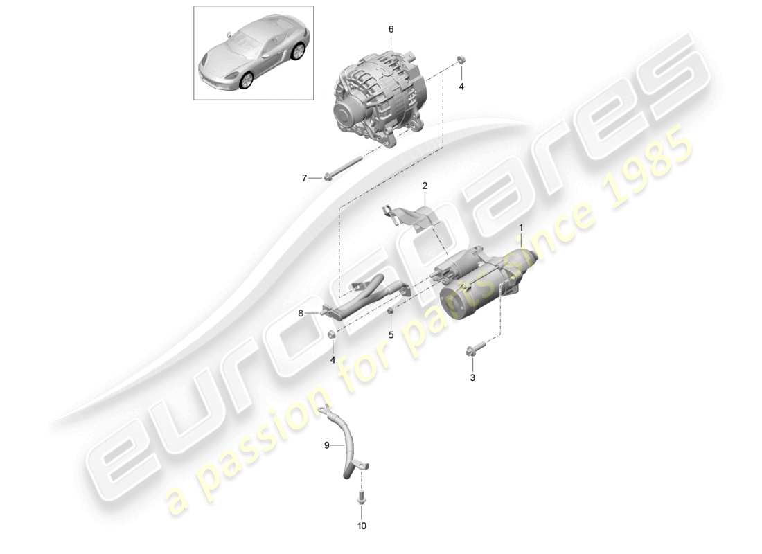 porsche 2021 (718 cayman) schéma des pièces de la ligne de terre de l'alternateur du démarreur