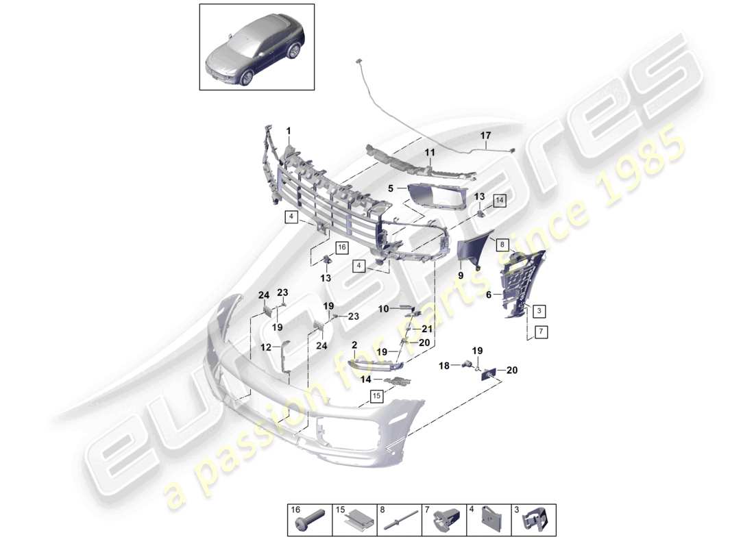porsche 2024 (cayenne e3 9ya/9yb) pare-chocs avant coupé turbo gt pièces détachées et fixations diagramme des pièces