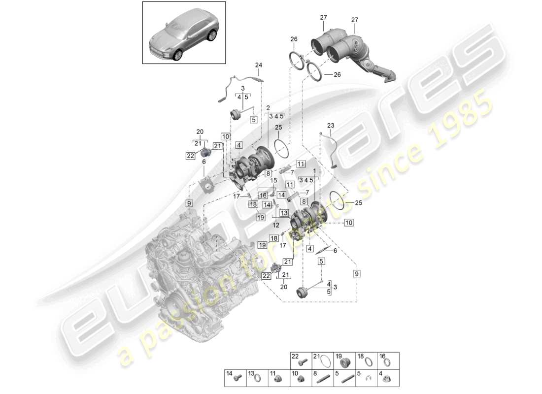 porsche 2024 (macan) turbocompresseur à gaz d'échappement collecteurs d'échappement sonde lambda schéma des pièces