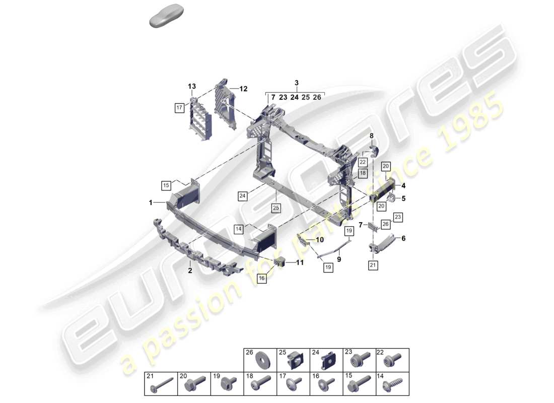 porsche 2026 (cayenne e3 pa) schéma des pièces du support de pare-chocs avant et du support de montage