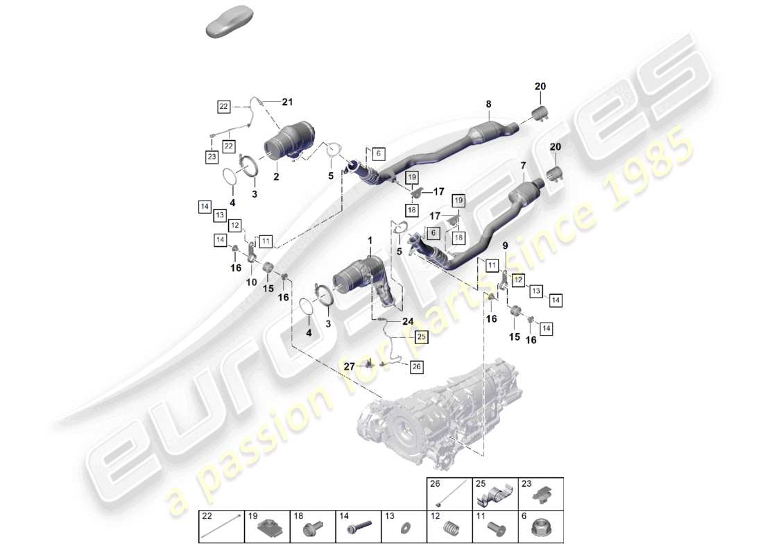 porsche 2026 (cayenne e3 pa) système d'échappement filtre à particules essence tuyau d'échappement avec catalyseur sonde lambda schéma des pièces