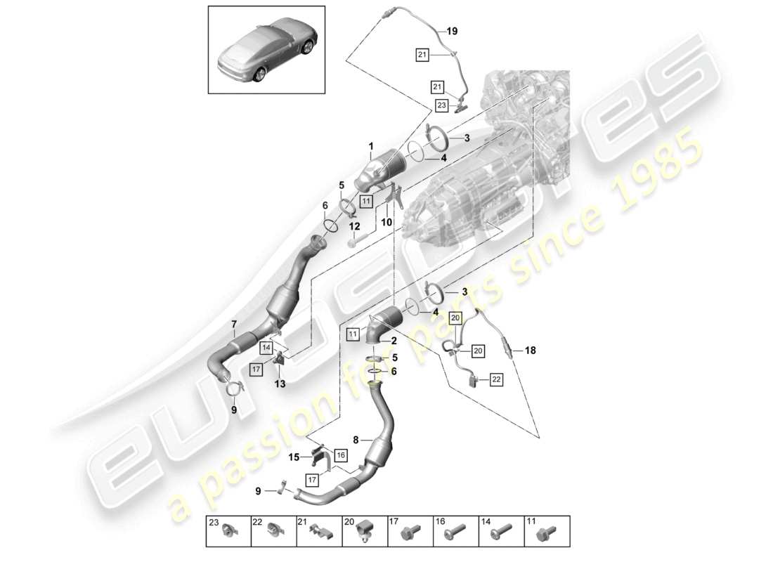 porsche 2021 (panamera 971-1) système d'échappement convertisseur catalytique sonde lambda schéma des pièces