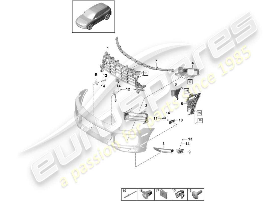 porsche 2024 (cayenne e3 9ya/9yb) pare-chocs avant pièces individuelles turbo et fixations pack sport design diagramme des pièces