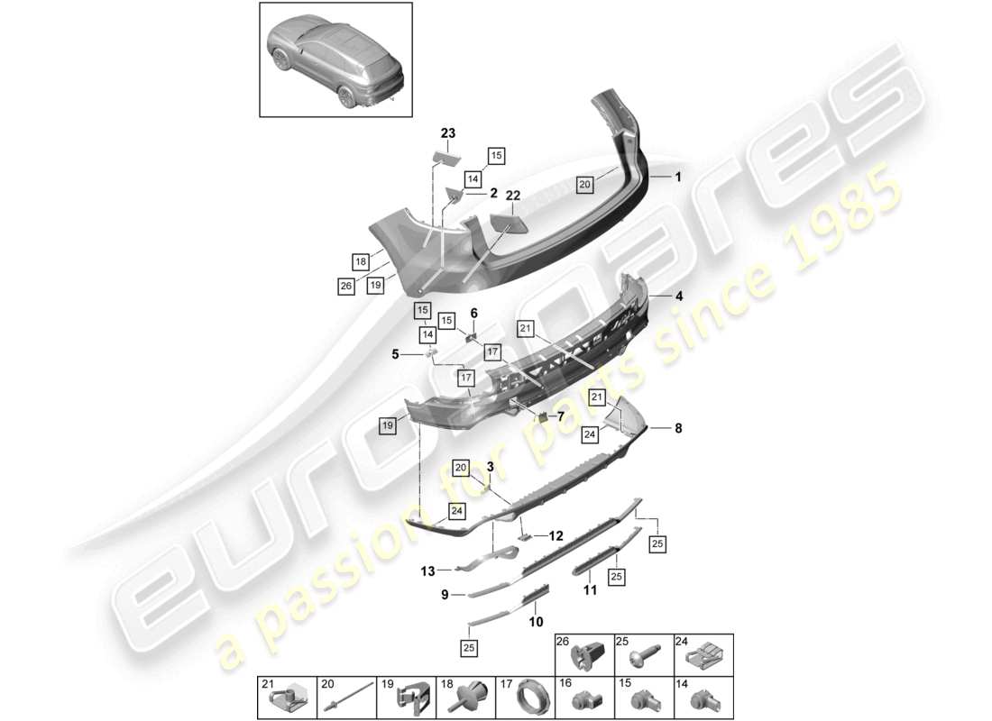 porsche 2024 (cayenne e3 9ya/9yb) schéma des pièces du pare-chocs arrière du turbo