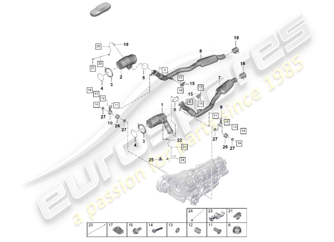 porsche 2025 (cayenne e3 pa) système d'échappement tuyau d'échappement avec catalyseur tuyau d'échappement avec silencieux avant sonde lambda schéma des pièces
