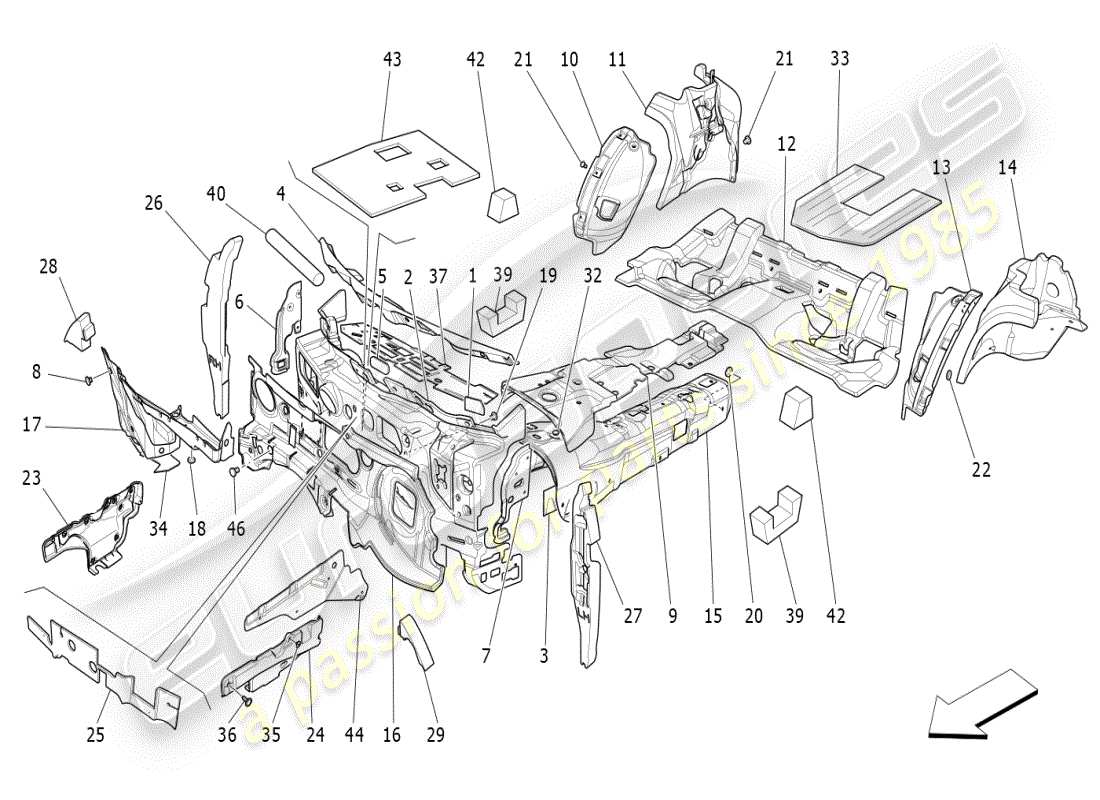 maserati ghibli (2020) panneaux d'insonorisation à l'intérieur du schéma des pièces du véhicule