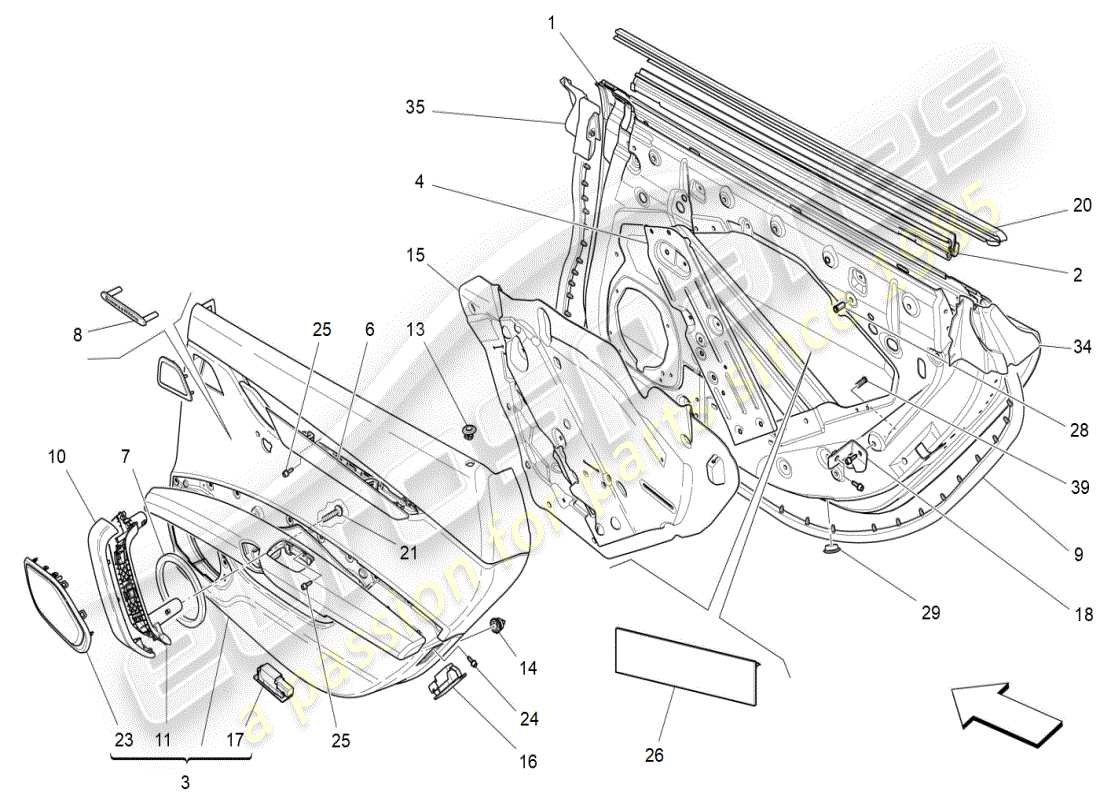 maserati ghibli (2019) portes arrière : diagramme de pièces des panneaux de garniture