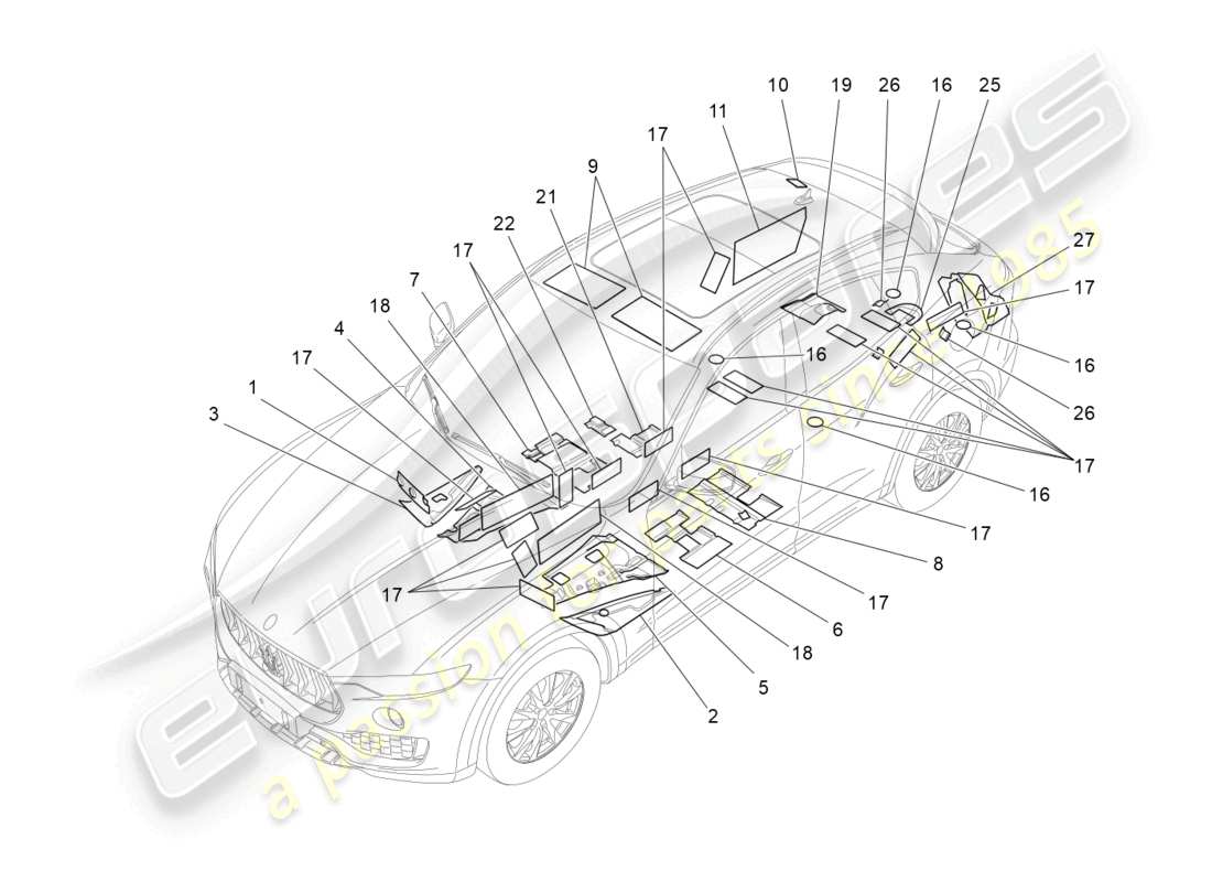 maserati levante tributo (2021) panneaux d'insonorisation à l'intérieur du véhicule schéma des pièces