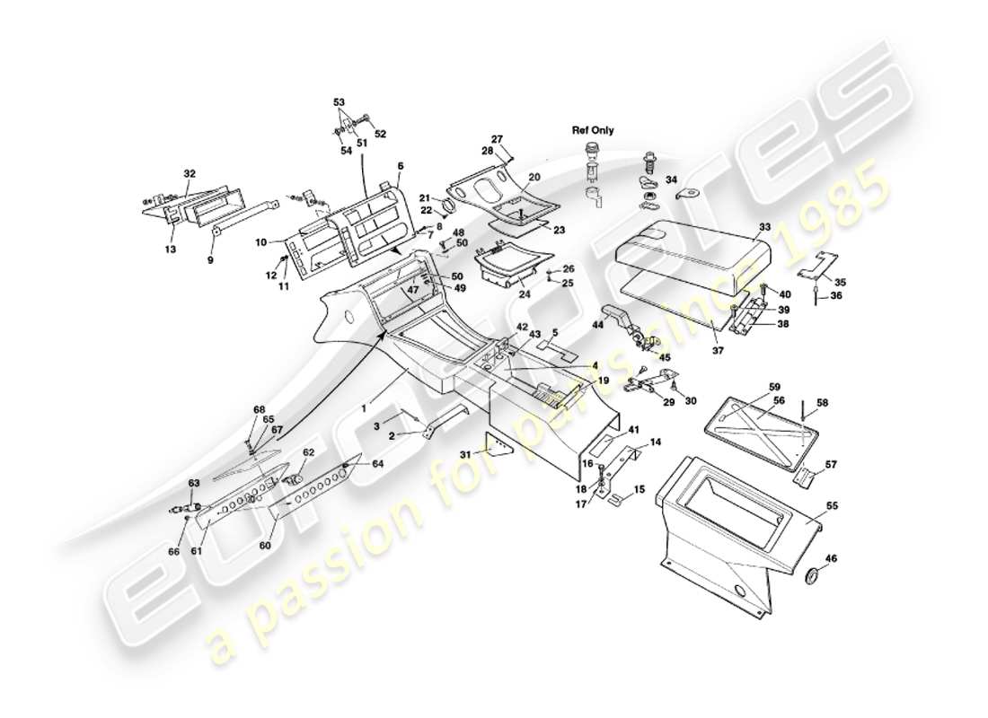 aston martin v8 coupe (1999) diagramme des pièces de la console centrale et de la garniture