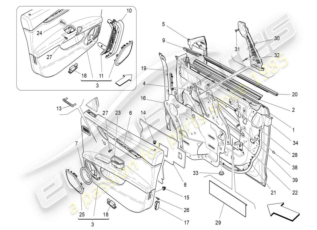 maserati ghibli (2019) portes avant : diagramme de pièces des panneaux de garniture