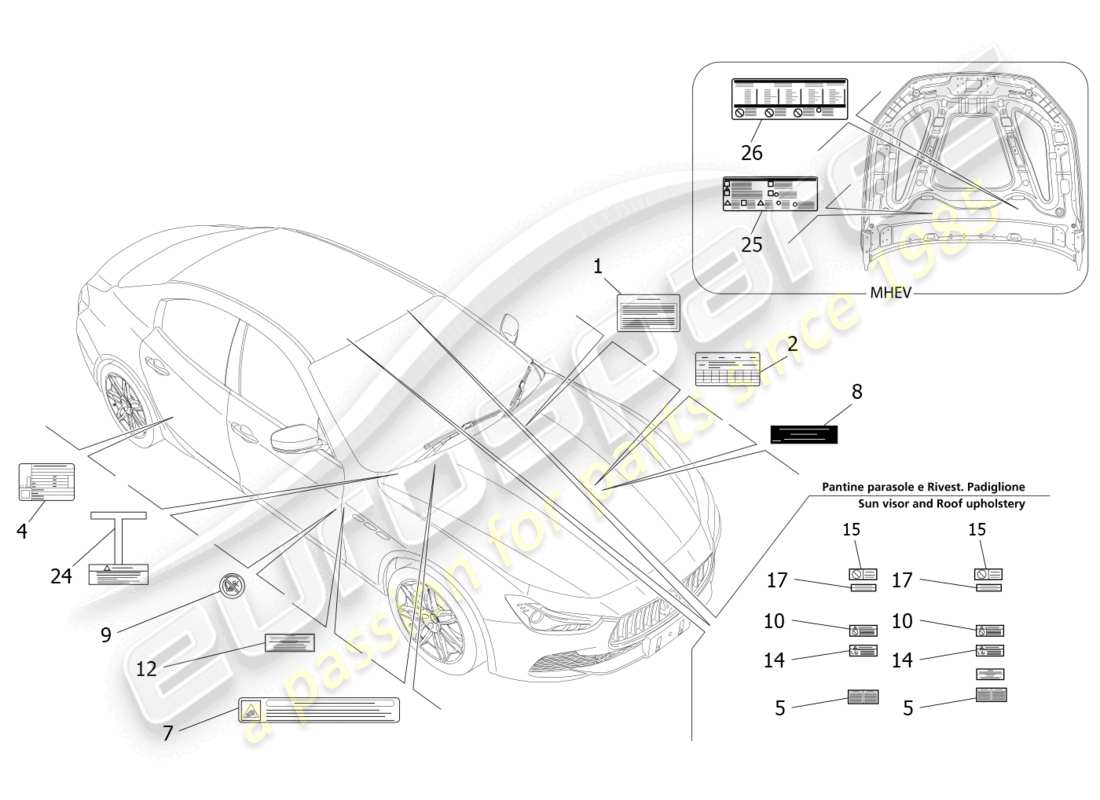 maserati ghibli (2018) diagramme de pièces d'autocollants et d'étiquettes
