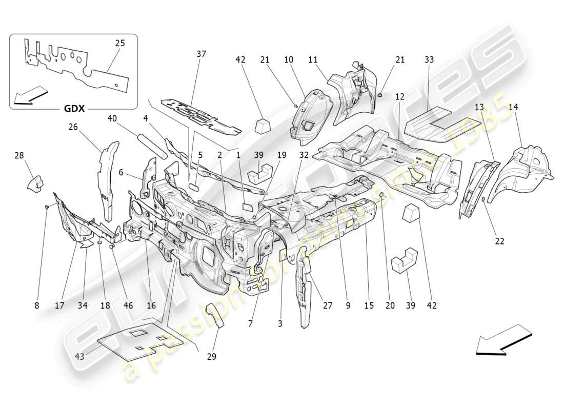 maserati ghibli (2018) panneaux d'insonorisation à l'intérieur du schéma des pièces du véhicule