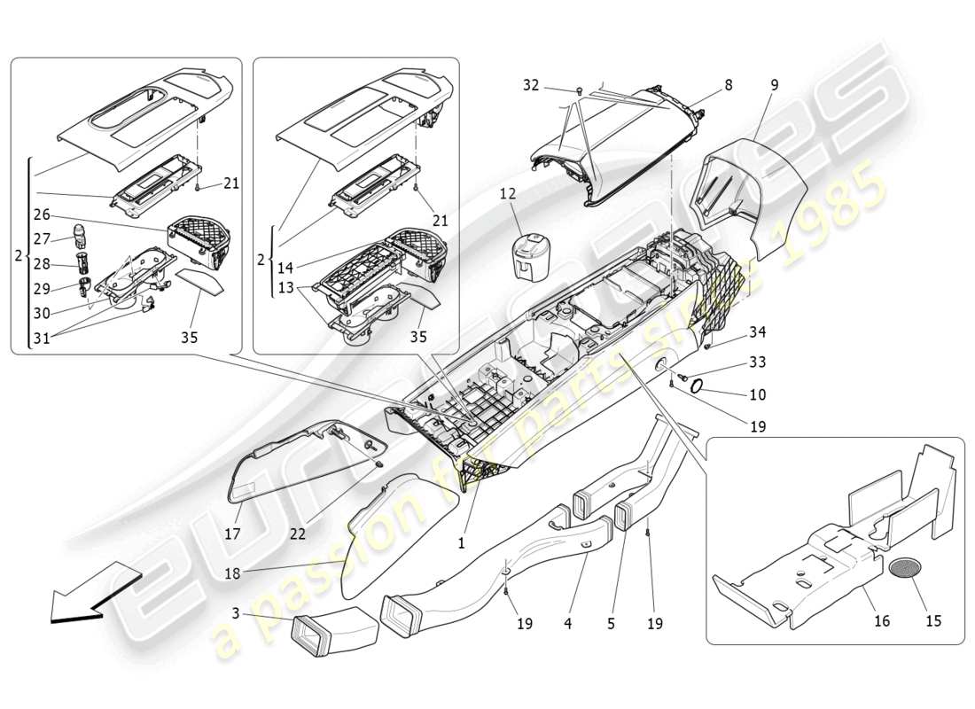 maserati ghibli (2018) schéma des pièces de la console d'accessoires et de la console centrale