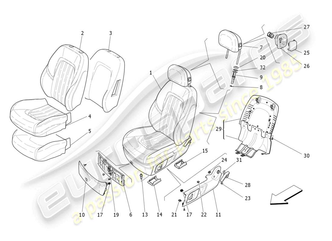 maserati levante tributo (2021) sièges avant : panneaux de garniture schéma des pièces