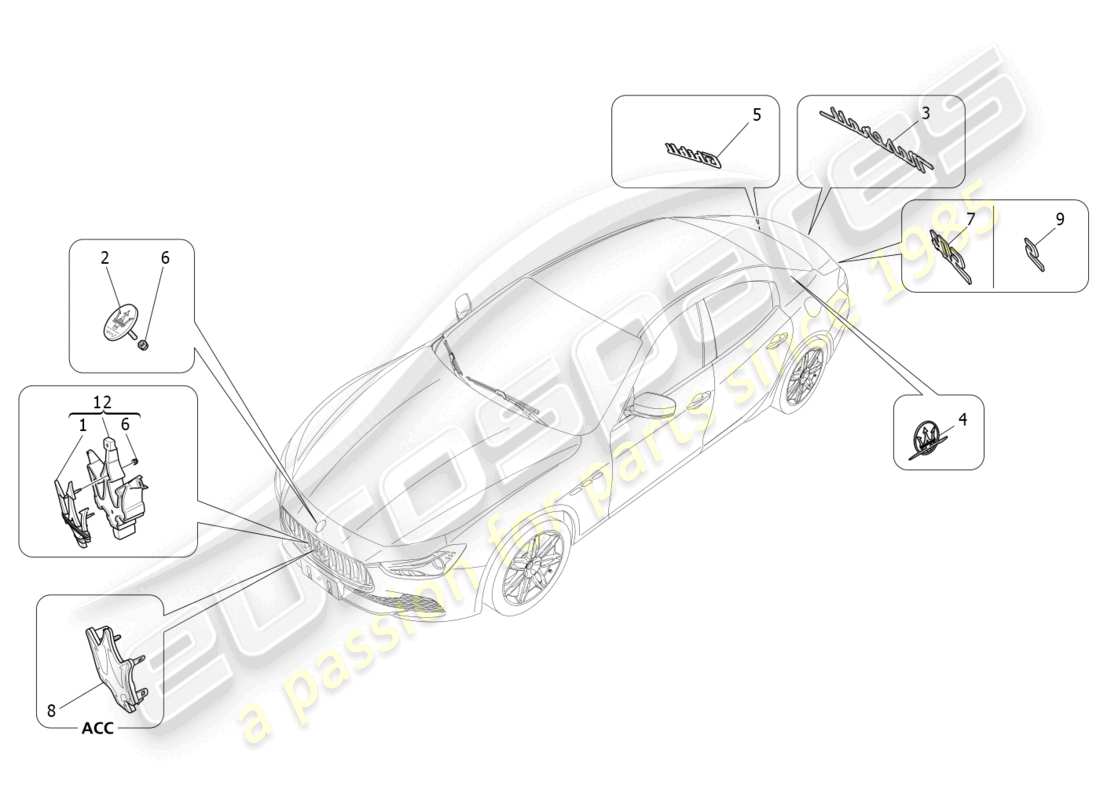 maserati ghibli (2017) diagramme des pièces des garnitures, marques et symboles