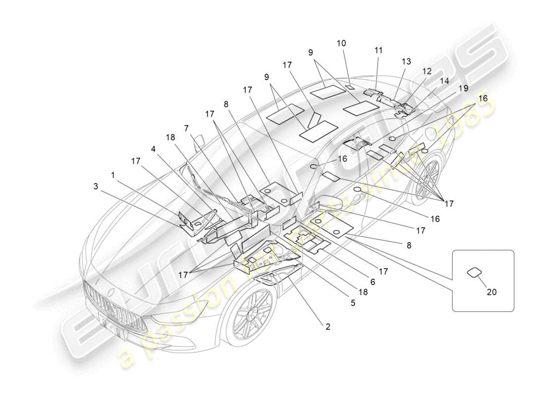 maserati ghibli (2016) panneaux d'insonorisation à l'intérieur du véhicule schéma des pièces