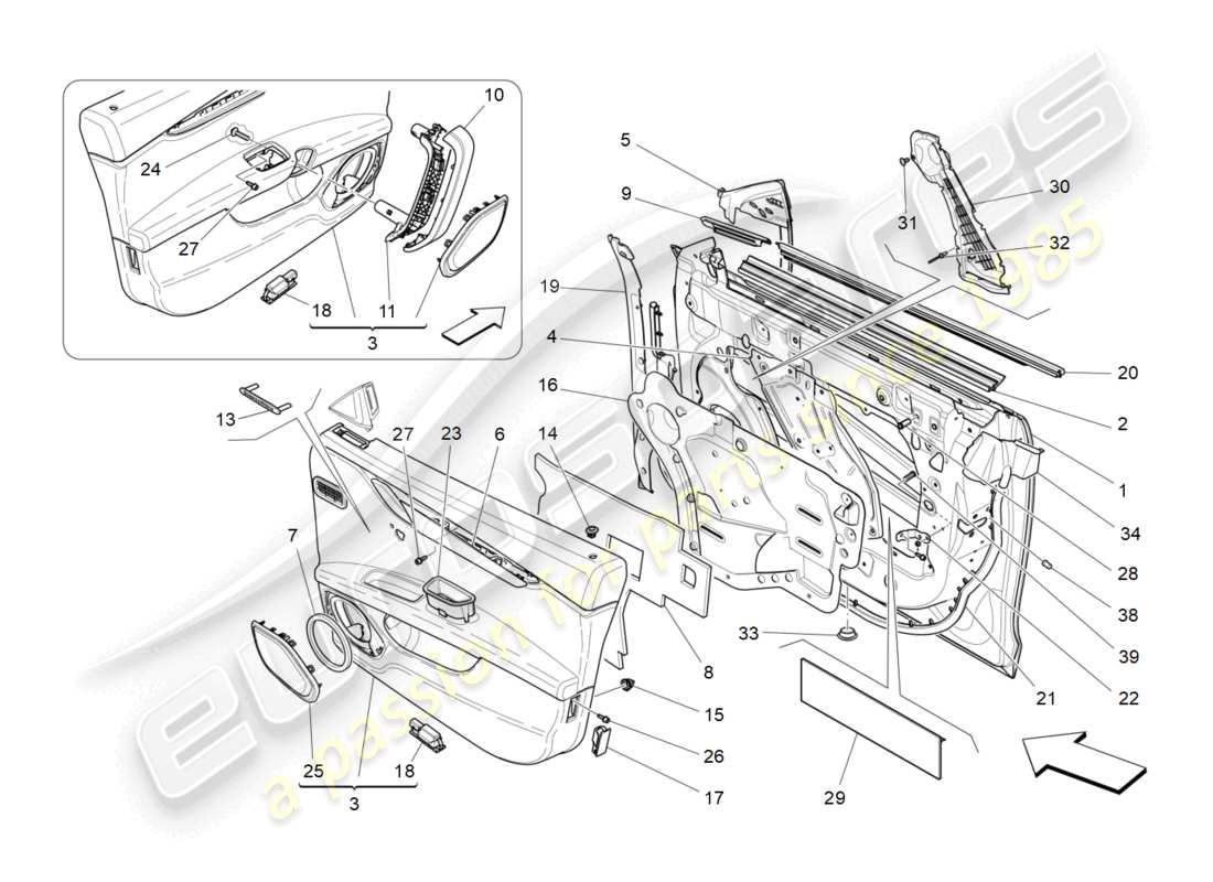 maserati ghibli (2018) portes avant : diagramme de pièces des panneaux de garniture