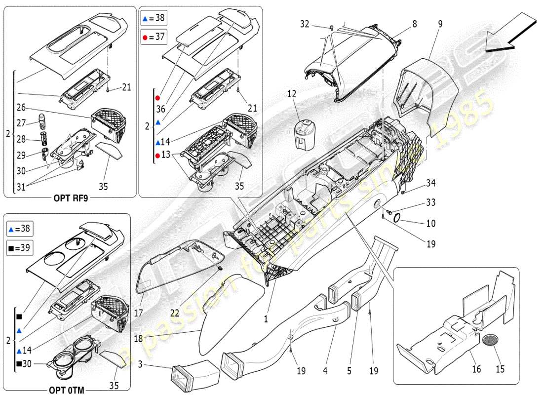 maserati ghibli (2019) schéma des pièces de la console d'accessoires et de la console centrale