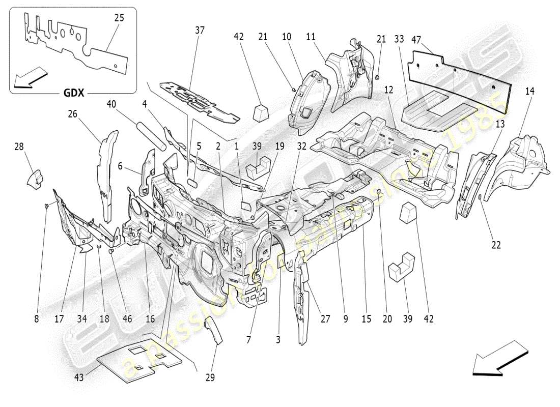 maserati ghibli (2019) panneaux d'insonorisation à l'intérieur du schéma des pièces du véhicule