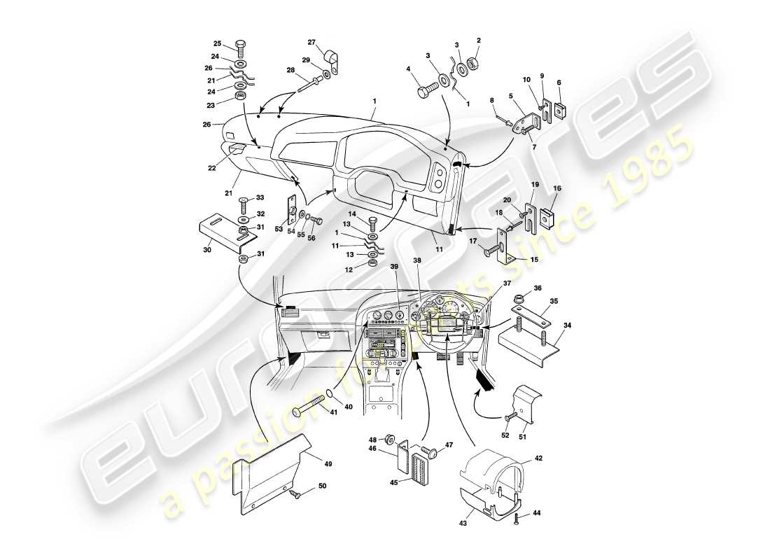aston martin v8 coupe (1999) schéma des pièces du carénage et des garnitures