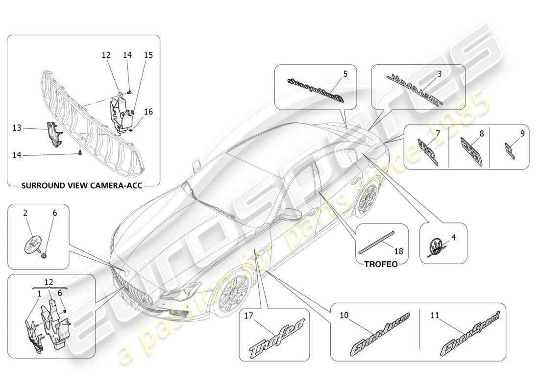 maserati quattroporte (2018) diagramme des pièces des garnitures, marques et symboles