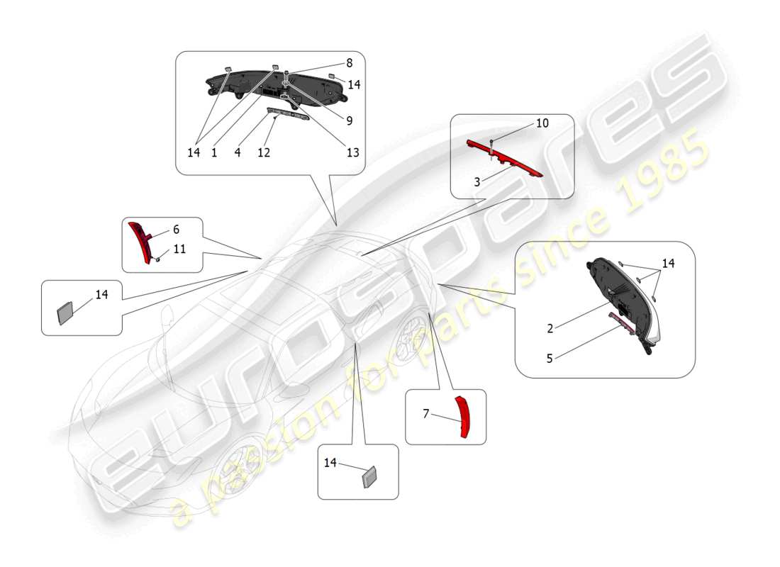 maserati mc20 cielo (2023) diagramme des pièces des groupes de feux arrière
