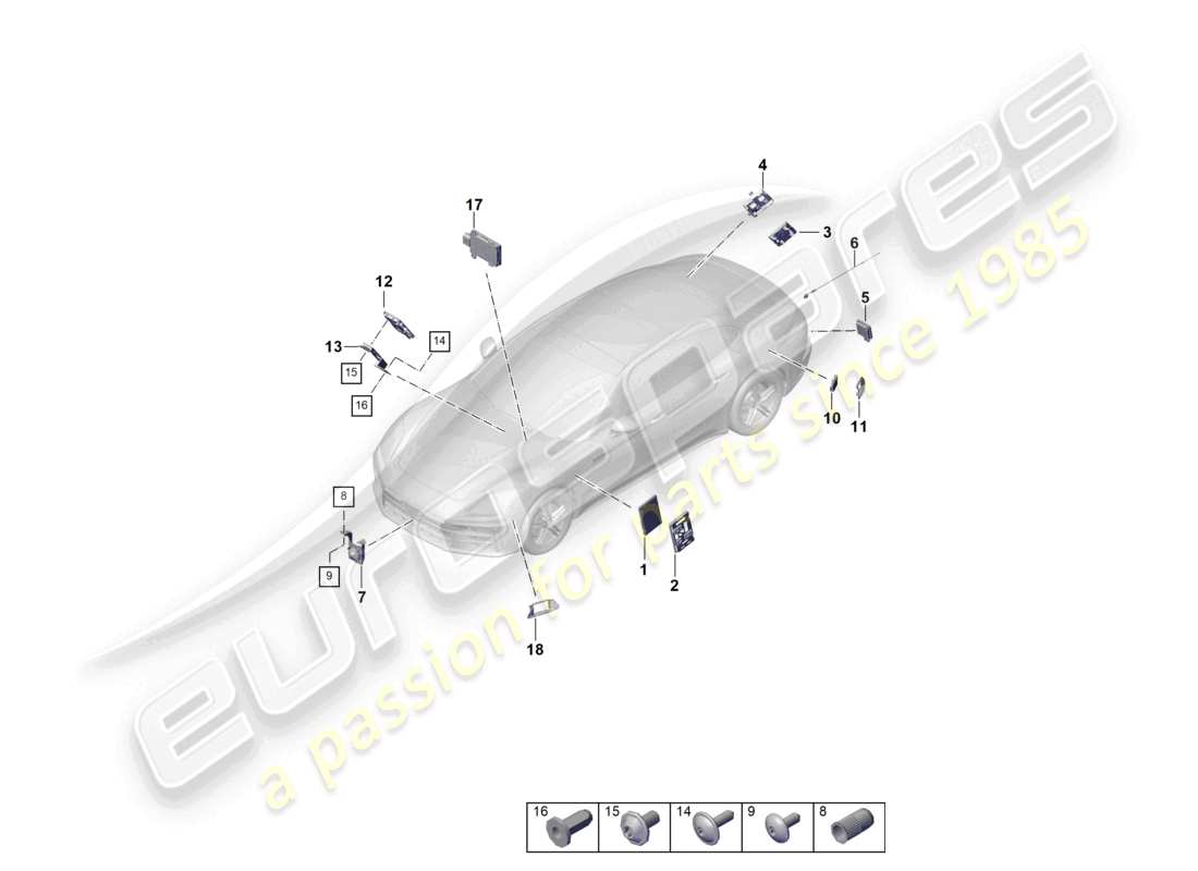 porsche 2025 (panamera 976) unité de commande (bcm) pour système de conversion et alimentation ob unité de commande pour l'ouverture de la porte de garage unité de commande pour la régulation de la distance pour les véhicules avec assistance au changement de voie schéma des pièces