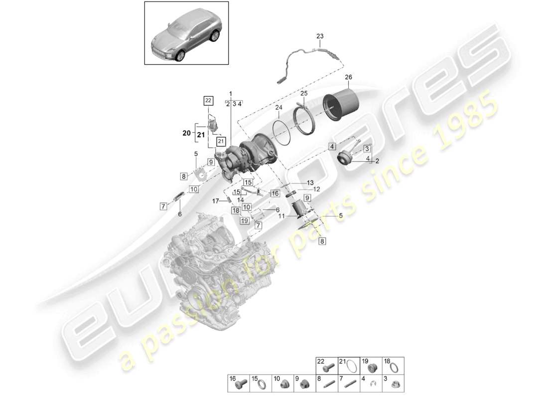 porsche 2021 (macan) turbocompresseur à gaz d'échappement collecteurs d'échappement sonde lambda schéma des pièces