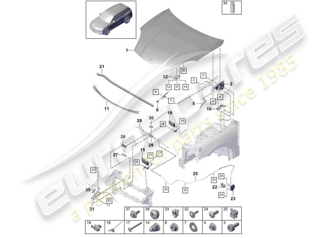 porsche 2024 (cayenne e3 9ya/9yb) diagramme des pièces de la face avant de la couverture