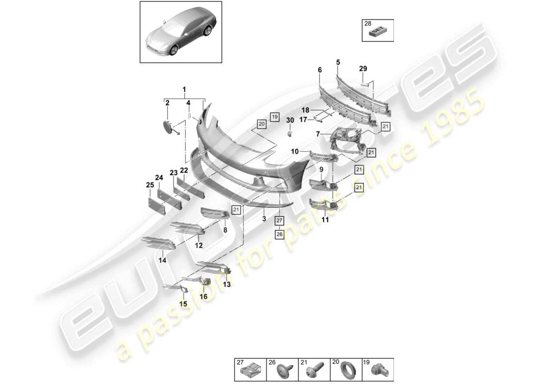 porsche 2021 (panamera 971-1) schéma de base des pièces du pare-chocs avant